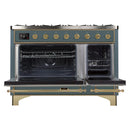 ILVE 48-Inch Majestic II Dual Fuel Range with 8 Sealed Brass Burners and Removable Griddle - 5.62 cu. ft. Oven - in Blue Grey with Brass Trim (UM12FDNS3BGG)