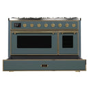 ILVE 48-Inch Majestic II Dual Fuel Range with 8 Sealed Brass Burners and Removable Griddle - 5.62 cu. ft. Oven - in Blue Grey with Brass Trim (UM12FDNS3BGG)