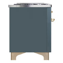 ILVE 48-Inch Majestic II Dual Fuel Range with 8 Sealed Brass Burners and Removable Griddle - 5.62 cu. ft. Oven - in Blue Grey with Brass Trim (UM12FDNS3BGG)