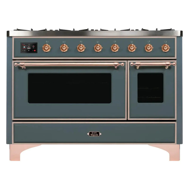 ILVE 48-Inch Majestic II Dual Fuel Range with 8 Sealed Brass Burners and Removable Griddle - 5.62 cu. ft. Oven in Blue Grey with Copper Trim (UM12FDNS3BGP)