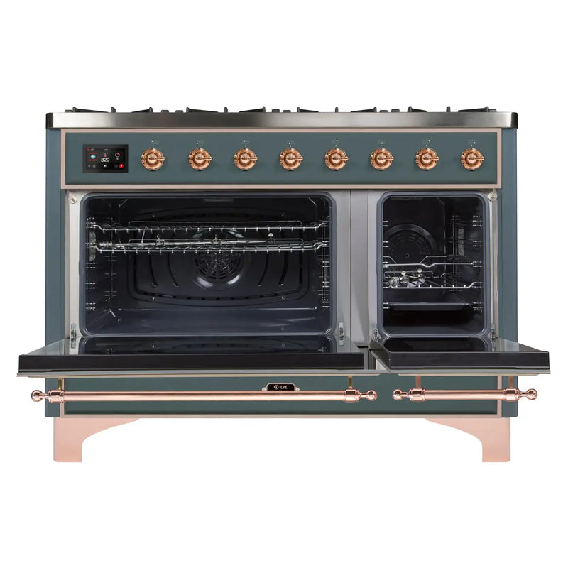 ILVE 48-Inch Majestic II Dual Fuel Range with 8 Sealed Brass Burners and Removable Griddle - 5.62 cu. ft. Oven in Blue Grey with Copper Trim (UM12FDNS3BGP)