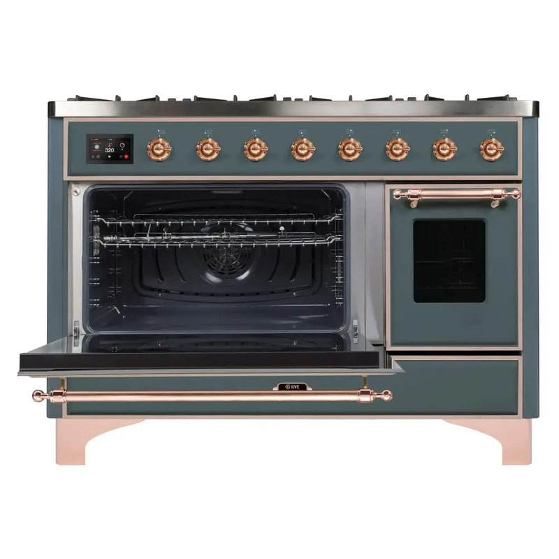 ILVE 48-Inch Majestic II Dual Fuel Range with 8 Sealed Brass Burners and Removable Griddle - 5.62 cu. ft. Oven in Blue Grey with Copper Trim (UM12FDNS3BGP)