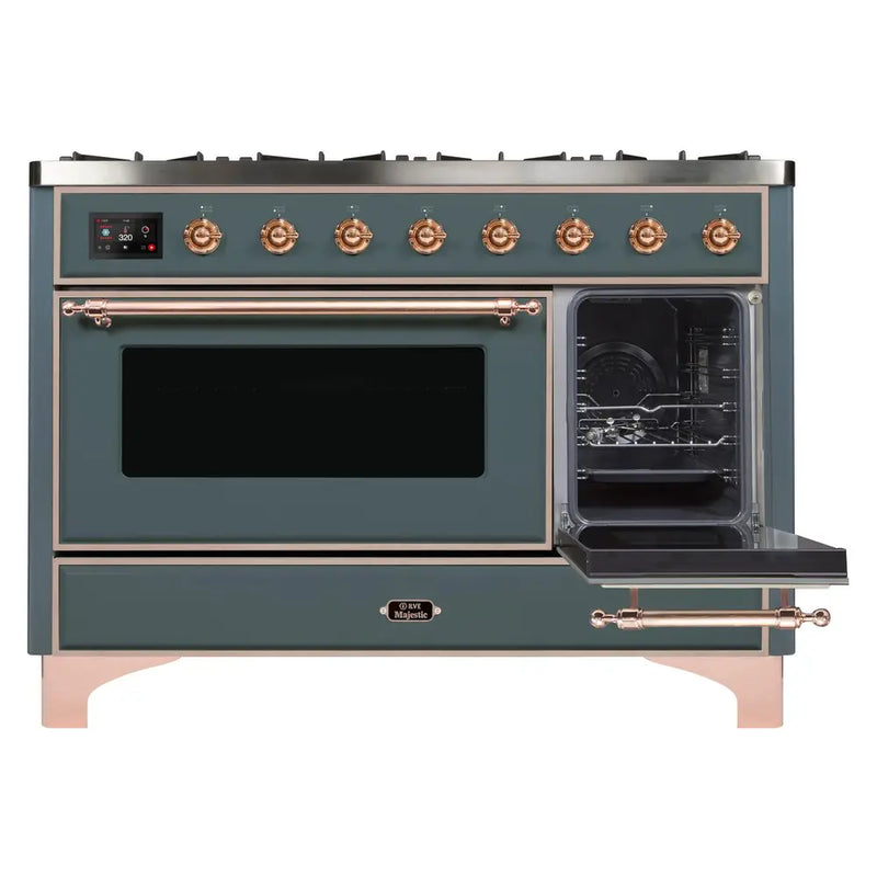 ILVE 48-Inch Majestic II Dual Fuel Range with 8 Sealed Brass Burners and Removable Griddle - 5.62 cu. ft. Oven in Blue Grey with Copper Trim (UM12FDNS3BGP)