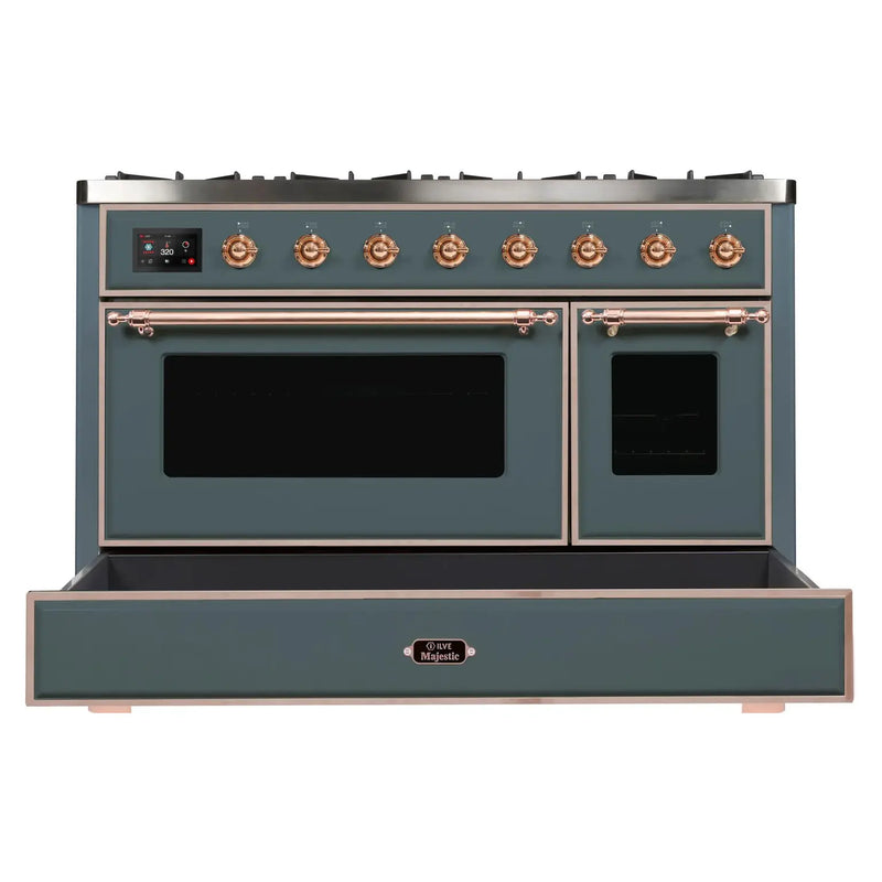 ILVE 48-Inch Majestic II Dual Fuel Range with 8 Sealed Brass Burners and Removable Griddle - 5.62 cu. ft. Oven in Blue Grey with Copper Trim (UM12FDNS3BGP)