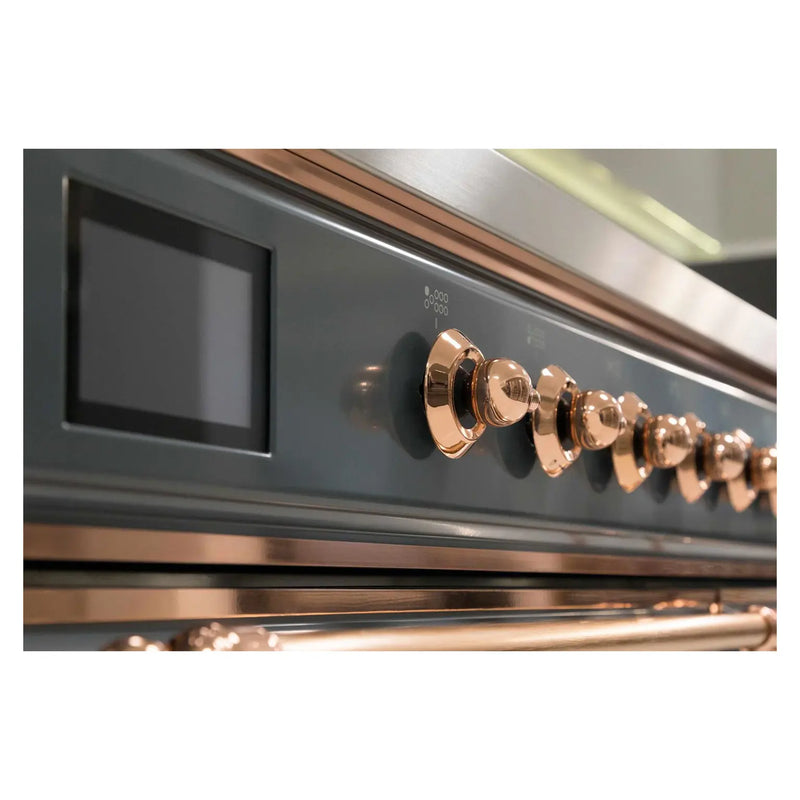 ILVE 48-Inch Majestic II Dual Fuel Range with 8 Sealed Brass Burners and Removable Griddle - 5.62 cu. ft. Oven in Blue Grey with Copper Trim (UM12FDNS3BGP)