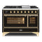 ILVE 48-Inch Majestic II Dual Fuel Range with 8 Burners and Removable Griddle - 5.02 cu. ft. Oven - Brass Trim in Glossy Black (UM12FDNS3BKG)