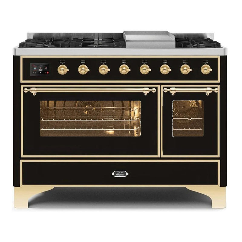 ILVE 48-Inch Majestic II Dual Fuel Range with 8 Burners and Removable Griddle - 5.02 cu. ft. Oven in Glossy Black with Brass Trim (UM12FDNS3BKG)