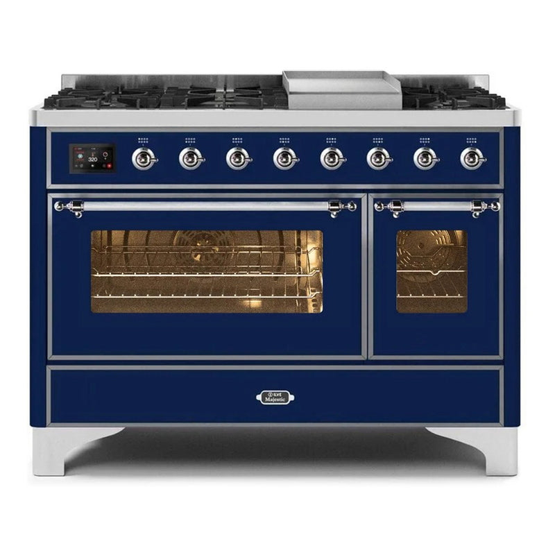 ILVE 48-Inch Majestic II Dual Fuel Range with 8 Burners and Removable Griddle - 5.02 cu. ft. Oven in Midnight Blue with Chrome Trim (UM12FDNS3MBC)