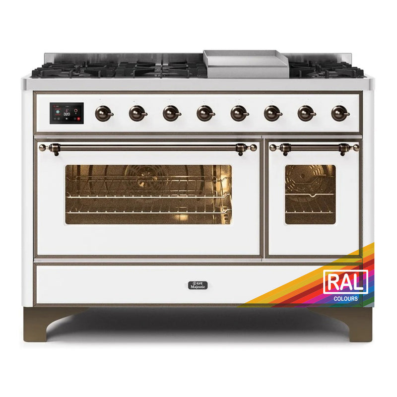 ILVE 48-Inch Majestic II Dual Fuel Range with 8 Burners and Removable Griddle - 5.02 cu. ft. Oven in Custom RAL with Bronze Trim  (UM12FDNS3RALB)