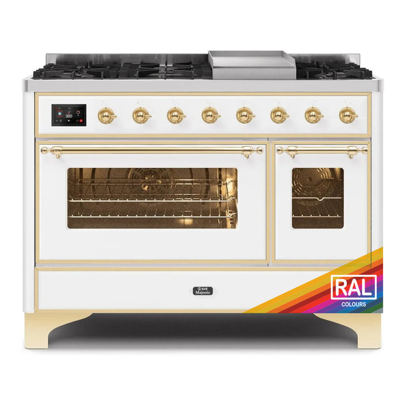 ILVE 48-Inch Majestic II Dual Fuel Range with 8 Burners and Removable Griddle with 5.02 cu. ft. Oven in Brass Trim in Custom RAL Color (UM12FDNS3RALG)