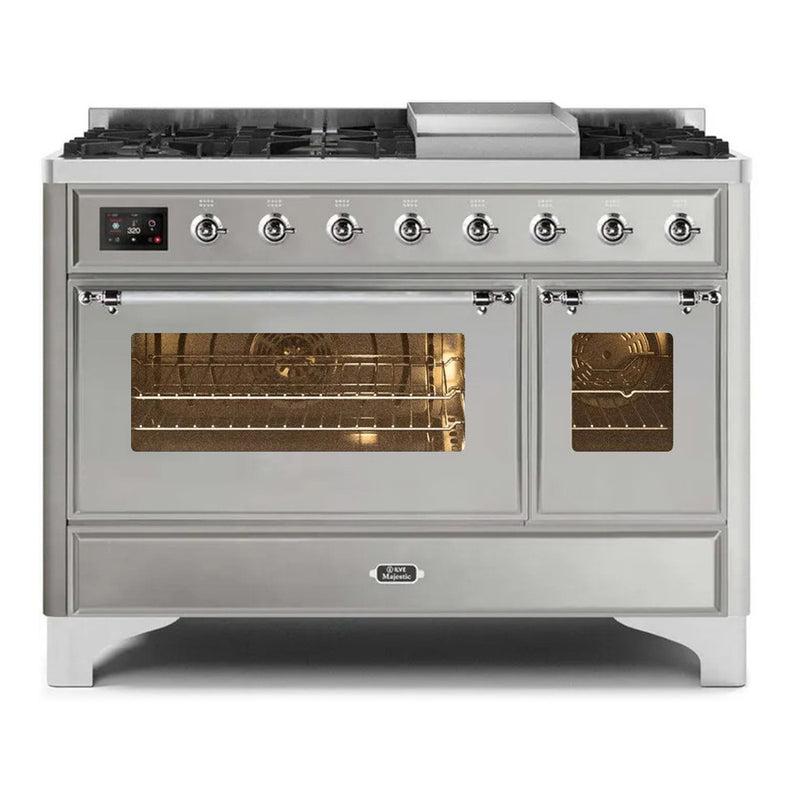 ILVE 48-Inch Majestic II Dual Fuel Range with 8 Burners and Removable Griddle - 5.02 cu. ft. Oven in Stainless Steel with Chrome Trim (UM12FDNS3SSC)