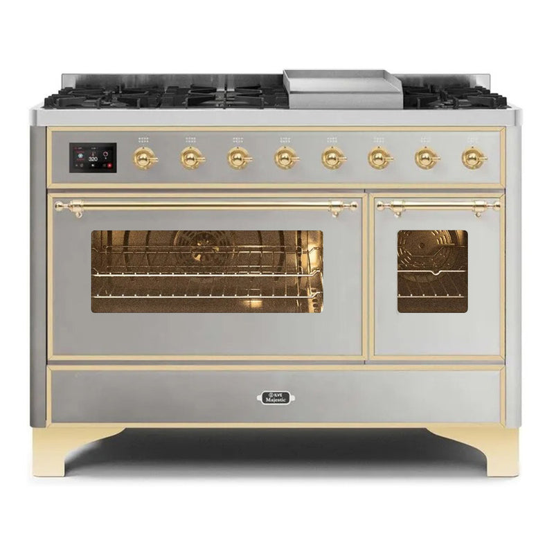 ILVE 48-Inch Majestic II Dual Fuel Range with 8 Burners and Removable Griddle with 5.02 cu. ft. Oven in Brass Trim in Stainless Steel with Brass Trim (UM12FDNS3SSG)