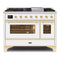 ILVE 48-Inch Majestic II Dual Fuel Range with 8 Burners and Removable Griddle - 5.02 cu. ft. Oven - Brass Trim in White (UM12FDNS3WHG)