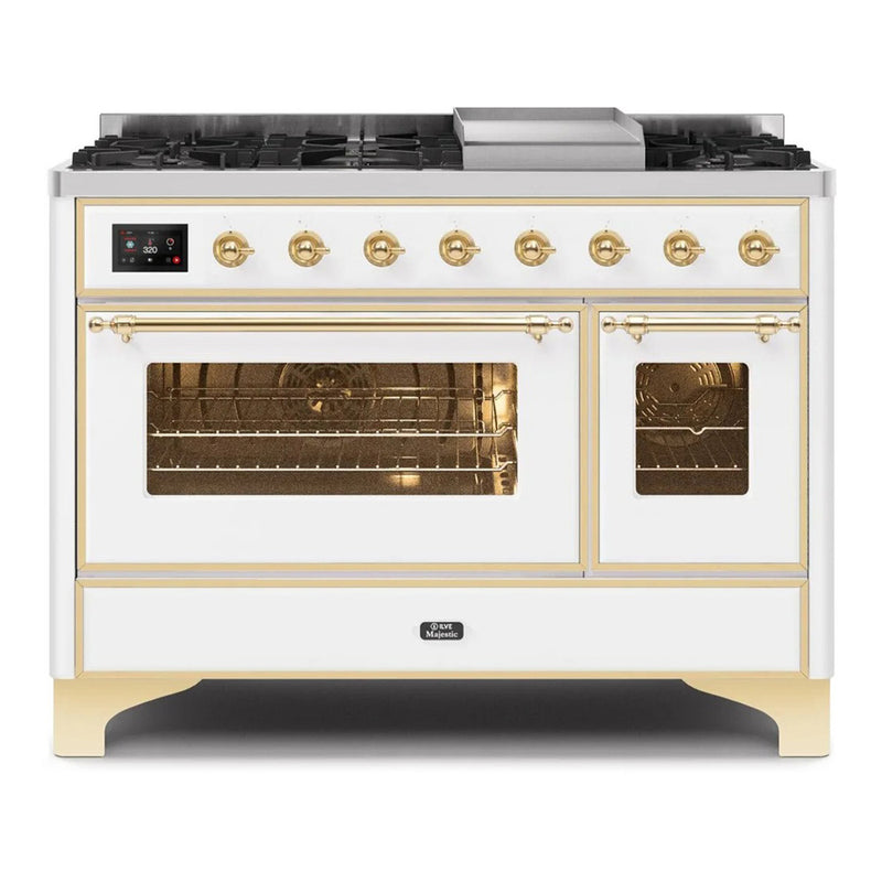 ILVE 48-Inch Majestic II Dual Fuel Range with 8 Burners and Removable Griddle - 5.02 cu. ft. Oven in White with Brass Trim  (UM12FDNS3WHG)