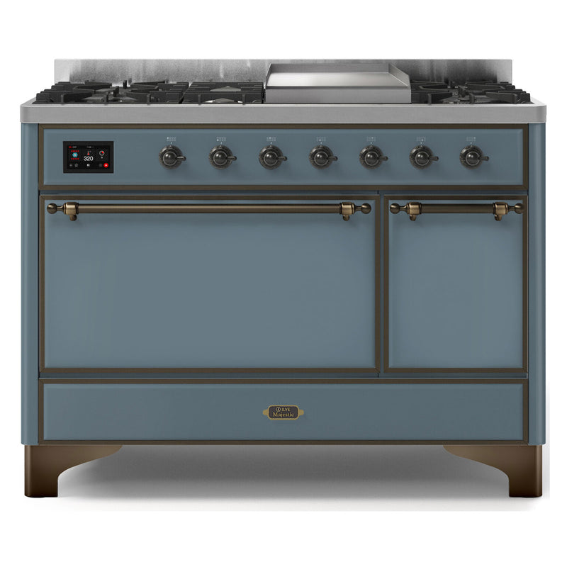 ILVE 48-Inch Majestic II Series Freestanding Dual Fuel Solid Door Double Oven Range with 8 Sealed Burners in Blue Grey with Bronze Trim (UM12FDQNS3BGB)