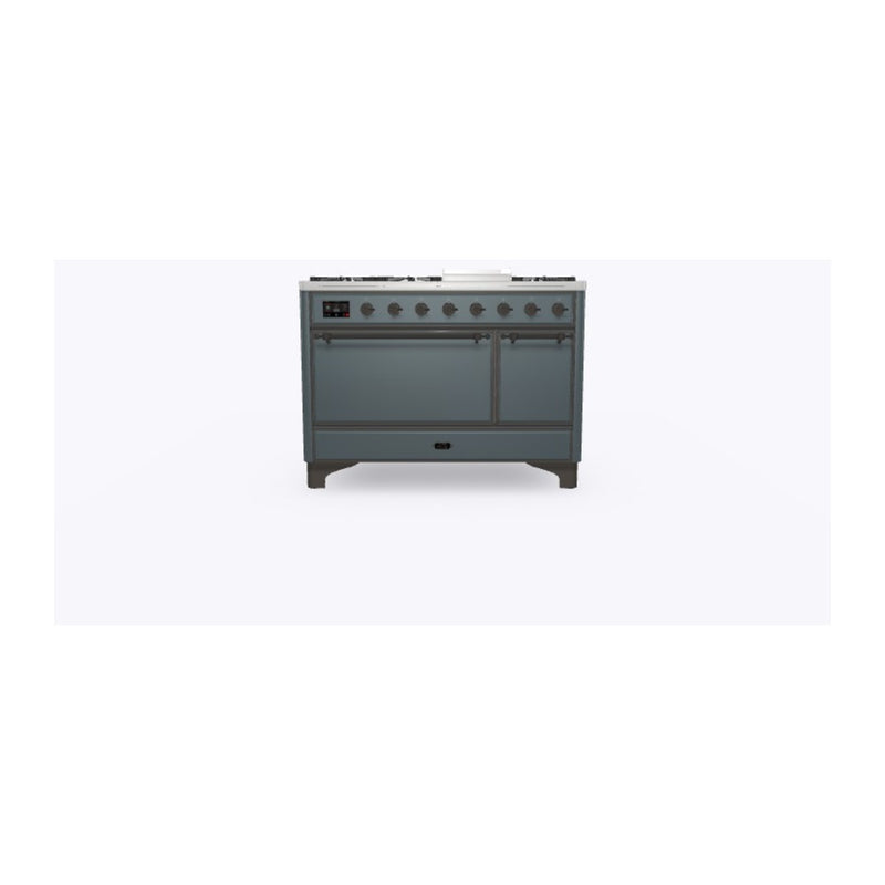 ILVE 48-Inch Majestic II Series Freestanding Dual Fuel Solid Door Double Oven Range with 8 Sealed Burners in Blue Grey with Bronze Trim (UM12FDQNS3BGB)