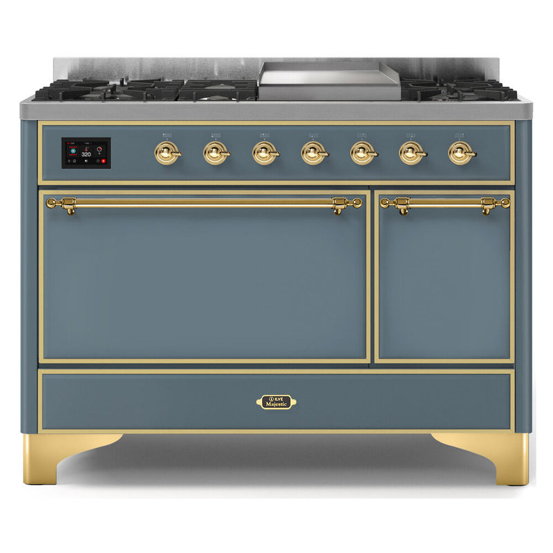 ILVE 48-Inch Majestic II Series Freestanding Dual Fuel Solid Door Double Oven Range with 8 Sealed Burners in Blue Grey with Brass Trim (UM12FDQNS3BGG)