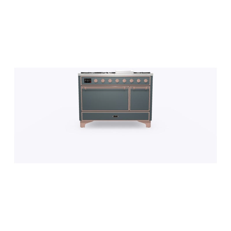 ILVE 48-Inch Majestic II Series Freestanding Dual Fuel Solid Door Double Oven Range with 8 Sealed Burners in Blue Grey with Copper Trim (UM12FDQNS3BGP)