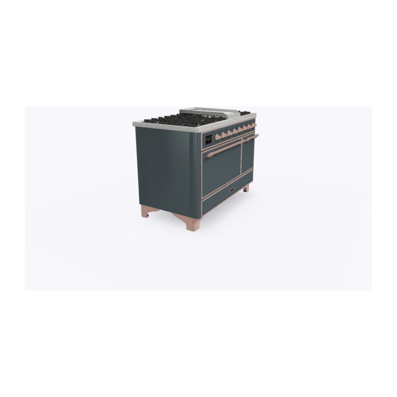 ILVE 48-Inch Majestic II Series Freestanding Dual Fuel Solid Door Double Oven Range with 8 Sealed Burners in Blue Grey with Copper Trim (UM12FDQNS3BGP)