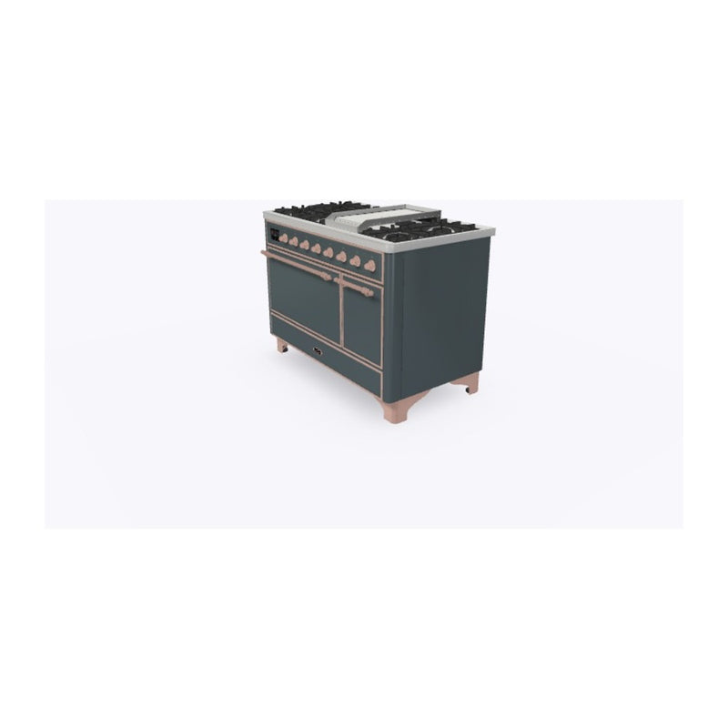 ILVE 48-Inch Majestic II Series Freestanding Dual Fuel Solid Door Double Oven Range with 8 Sealed Burners in Blue Grey with Copper Trim (UM12FDQNS3BGP)
