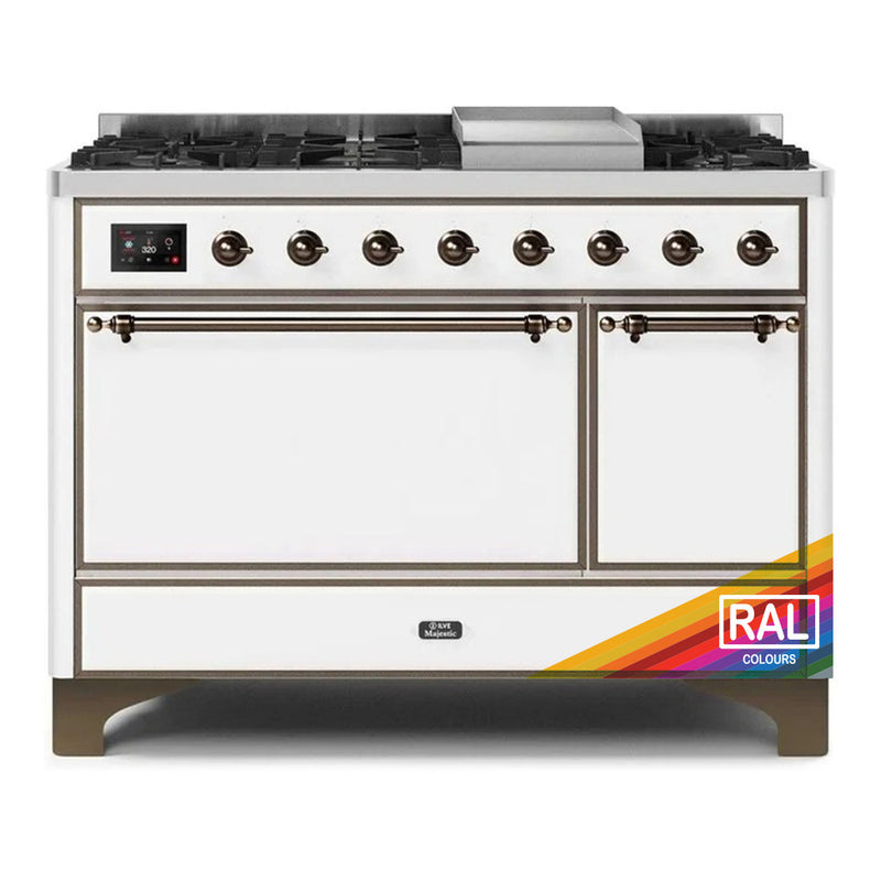 ILVE 48-Inch Majestic II Dual Fuel Range with 8 Sealed Brass Burners and Removable Griddle with 5.62 cu. ft. Solid Door Oven in Custom RAL with Bronze Trim  (UM12FDQNS3RALB)