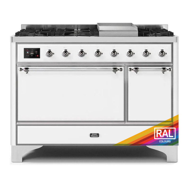 ILVE 48-Inch Majestic II Dual Fuel Range with 8 Sealed Brass Burners and Removable Griddle with 5.02 cu. ft. Solid Door Oven in Custom RAL with Chrome Trim (UM12FDQNS3RALC)