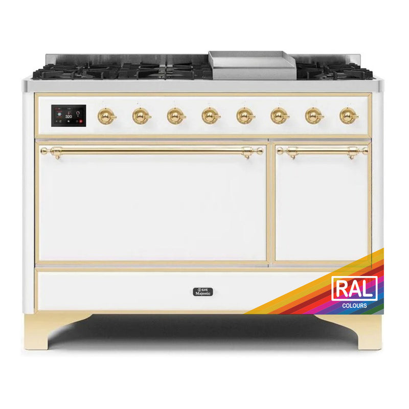 ILVE 48-Inch Majestic II Dual Fuel Range with 8 Sealed Brass Burners and Removable Griddle with 5.62 cu. ft. Solid Door Oven in Custom RAL with Brass Trim (UM12FDQNS3RALG)