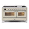 ILVE 60-Inch Majestic II Dual Fuel Range with 9 Sealed Burners and Removable Griddle - 5.8 cu. ft. Oven - Chrome Trim in Antique White (UM15FDNS3AWC)