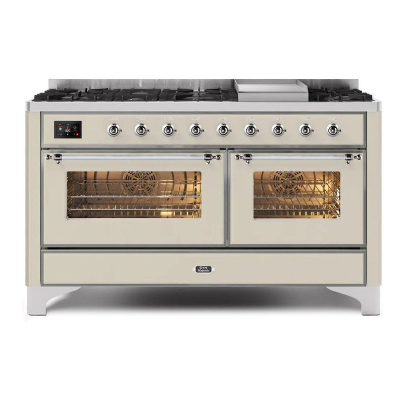 ILVE 60-Inch Majestic II Dual Fuel Range with 9 Sealed Burners and Removable Griddle - 5.8 cu. ft. Oven in Antique White with Chrome Trim (UM15FDNS3AWC)