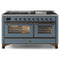 ILVE 60-Inch Majestic II Dual Fuel Range with 9 Sealed Burners and Removable Griddle - Dual Oven - in Blue Grey with Bronze Trim (UM15FDNS3BGB)