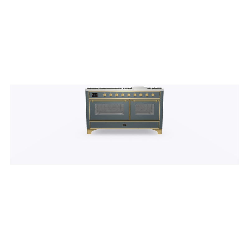 ILVE 60-Inch Majestic II Dual Fuel Range with 9 Sealed Burners and Removable Griddle - Dual Oven - in Blue Grey with Brass Trim (UM15FDNS3BGG)