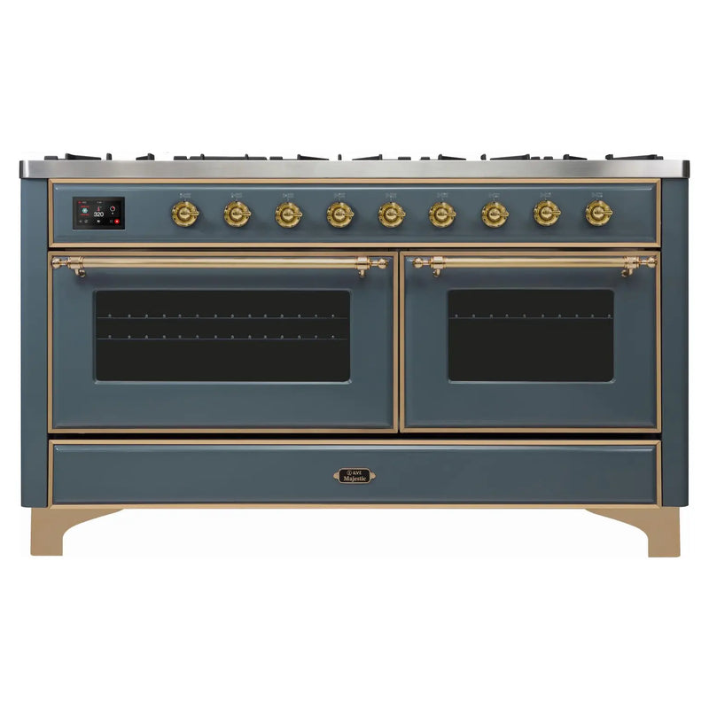 ILVE 60-Inch Majestic II Dual Fuel Range with 9 Sealed Burners and Removable Griddle - Dual Oven - in Blue Grey with Brass Trim (UM15FDNS3BGG)