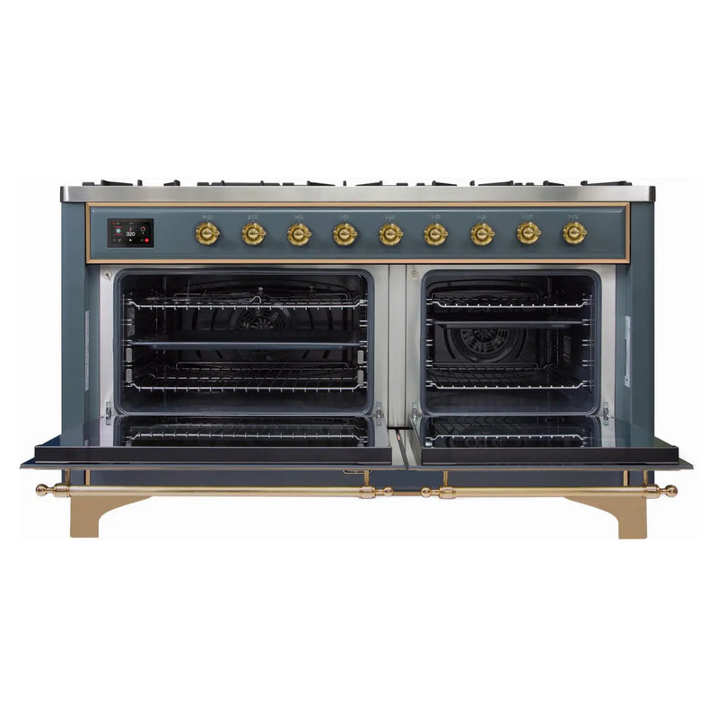 ILVE 60-Inch Majestic II Dual Fuel Range with 9 Sealed Burners and Removable Griddle - Dual Oven - in Blue Grey with Brass Trim (UM15FDNS3BGG)