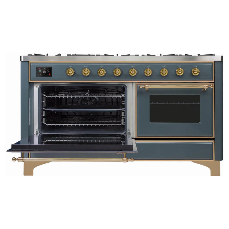 ILVE 60-Inch Majestic II Dual Fuel Range with 9 Sealed Burners and Removable Griddle - Dual Oven - in Blue Grey with Brass Trim (UM15FDNS3BGG)