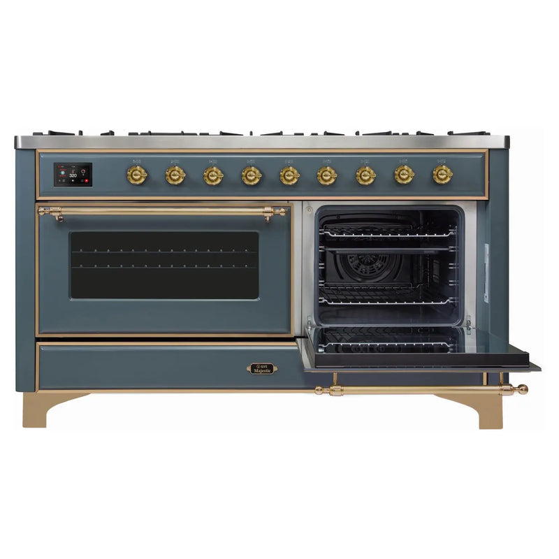 ILVE 60-Inch Majestic II Dual Fuel Range with 9 Sealed Burners and Removable Griddle - Dual Oven - in Blue Grey with Brass Trim (UM15FDNS3BGG)