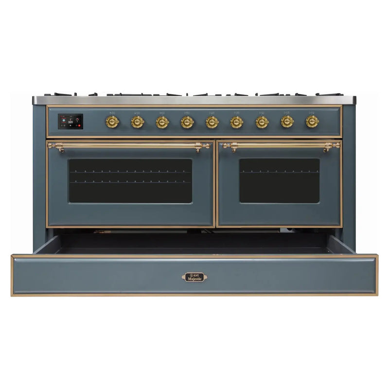 ILVE 60-Inch Majestic II Dual Fuel Range with 9 Sealed Burners and Removable Griddle - Dual Oven - in Blue Grey with Brass Trim (UM15FDNS3BGG)