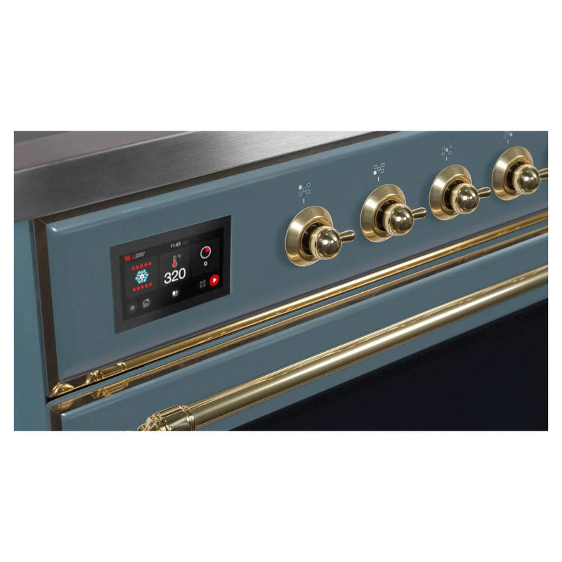 ILVE 60-Inch Majestic II Dual Fuel Range with 9 Sealed Burners and Removable Griddle - Dual Oven - in Blue Grey with Brass Trim (UM15FDNS3BGG)