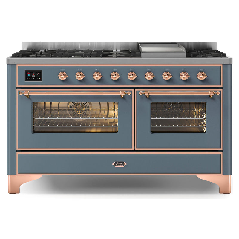 ILVE 60-Inch Majestic II Dual Fuel Range with 9 Sealed Burners and Removable Griddle - Dual Oven - Blue Grey with Copper Trim (UM15FDNS3BGP)