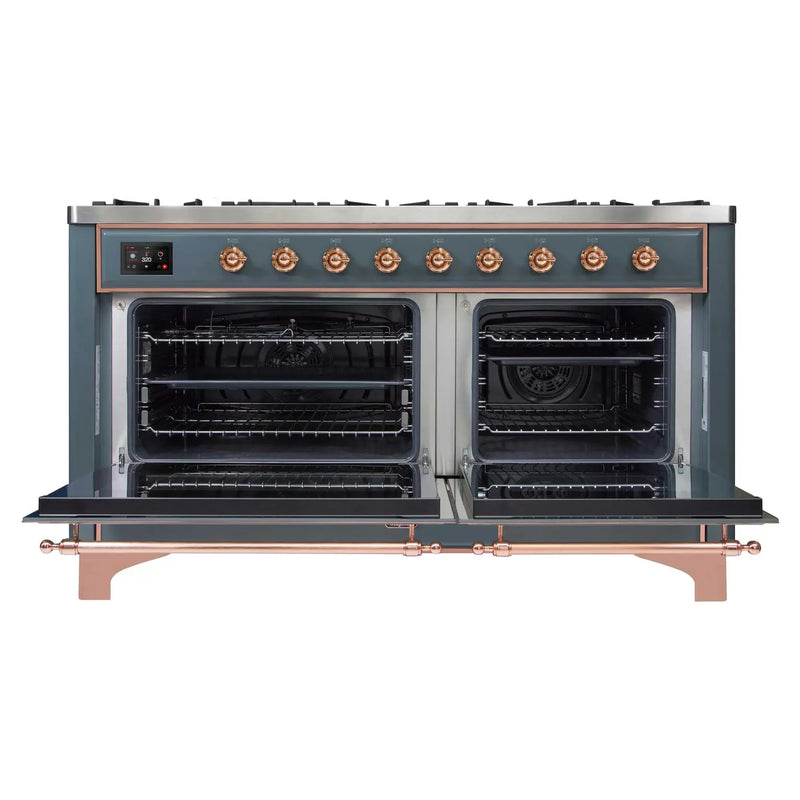 ILVE 60-Inch Majestic II Dual Fuel Range with 9 Sealed Burners and Removable Griddle - Dual Oven - Blue Grey with Copper Trim (UM15FDNS3BGP)