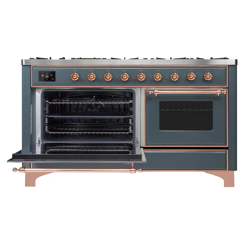 ILVE 60-Inch Majestic II Dual Fuel Range with 9 Sealed Burners and Removable Griddle - Dual Oven - Blue Grey with Copper Trim (UM15FDNS3BGP)