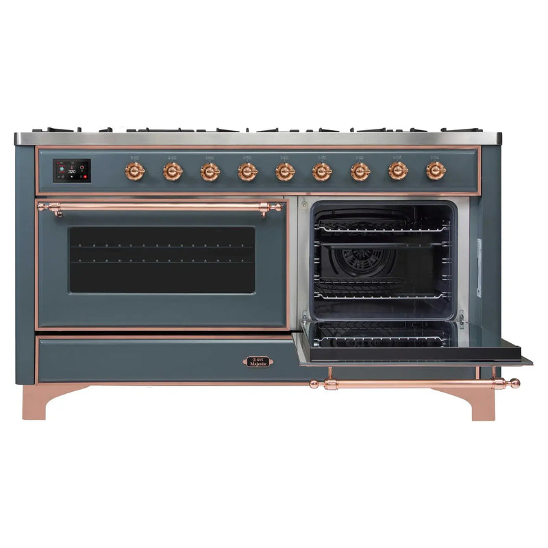 ILVE 60-Inch Majestic II Dual Fuel Range with 9 Sealed Burners and Removable Griddle - Dual Oven - Blue Grey with Copper Trim (UM15FDNS3BGP)