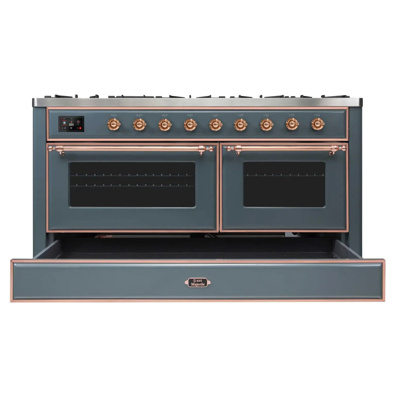 ILVE 60-Inch Majestic II Dual Fuel Range with 9 Sealed Burners and Removable Griddle - Dual Oven - Blue Grey with Copper Trim (UM15FDNS3BGP)