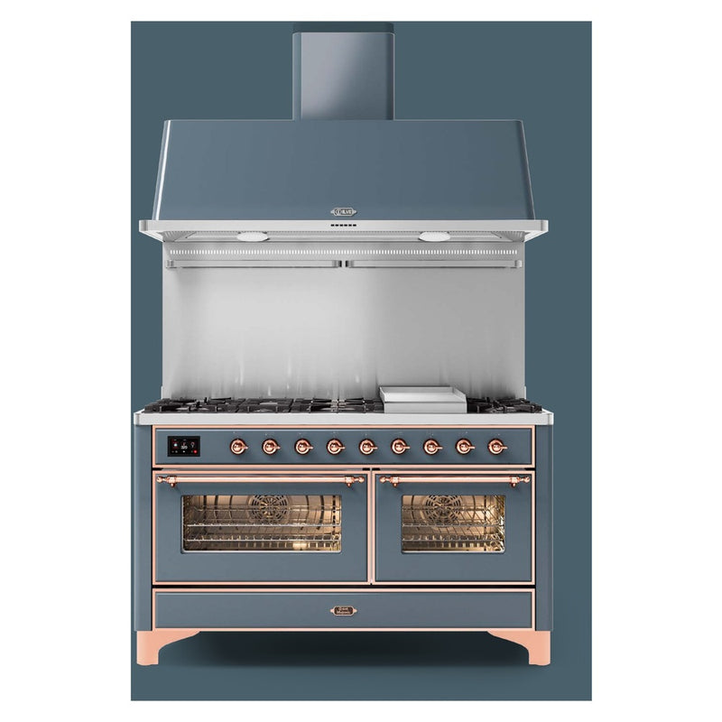 ILVE 60-Inch Majestic II Dual Fuel Range with 9 Sealed Burners and Removable Griddle - Dual Oven - Blue Grey with Copper Trim (UM15FDNS3BGP)