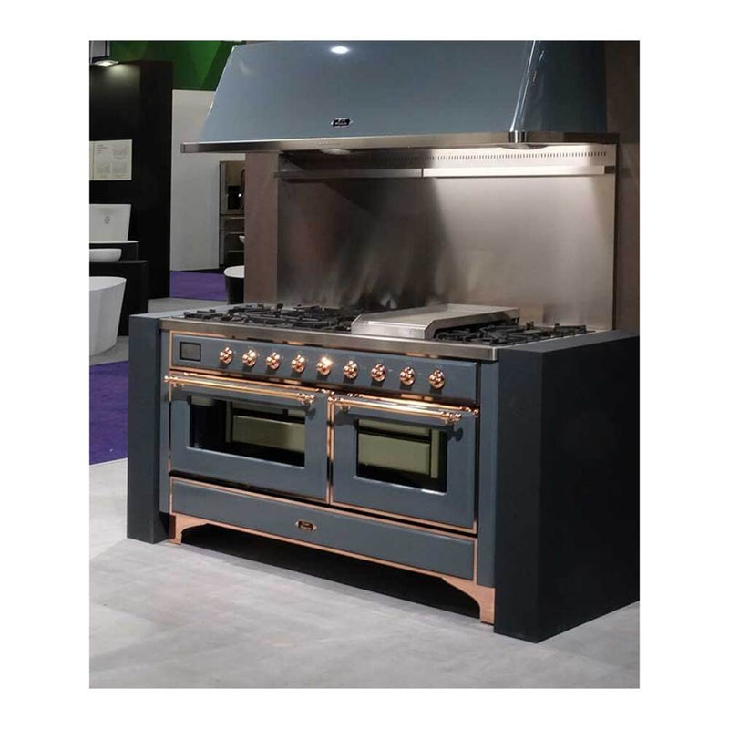 ILVE 60-Inch Majestic II Dual Fuel Range with 9 Sealed Burners and Removable Griddle - Dual Oven - Blue Grey with Copper Trim (UM15FDNS3BGP)