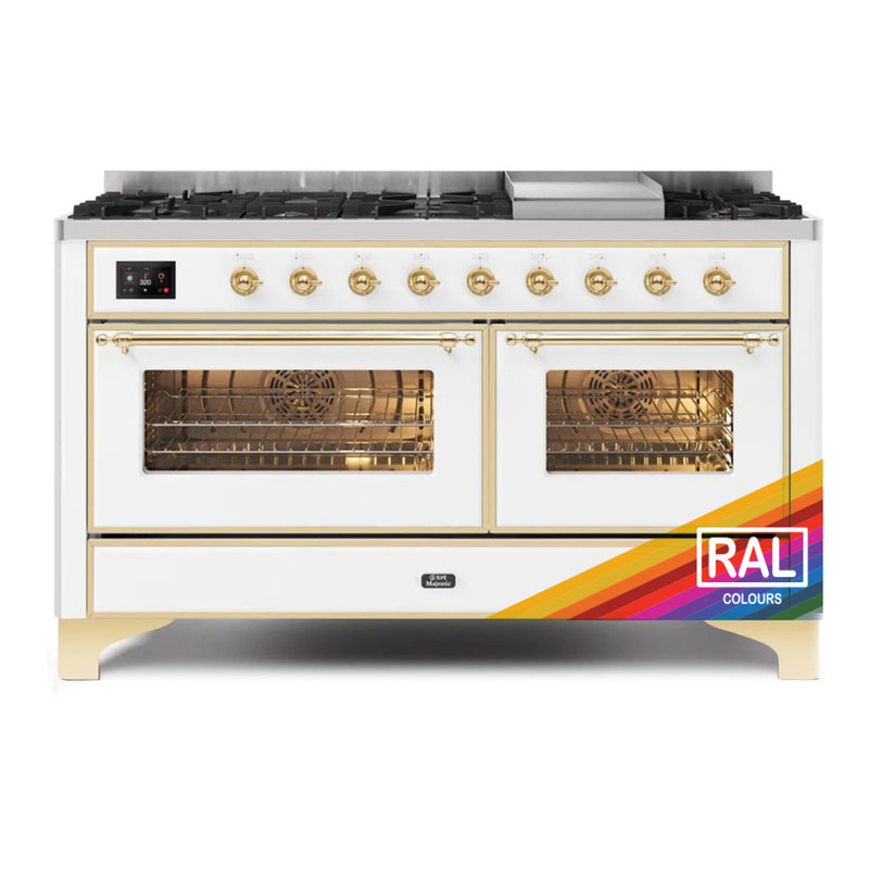 ILVE 60-Inch Majestic II Dual Fuel Range with 9 Sealed Burners and Removable Griddle - 5.8 cu. ft. Oven - Brass Trim in Custom RAL Color (UM15FDNS3RALG)