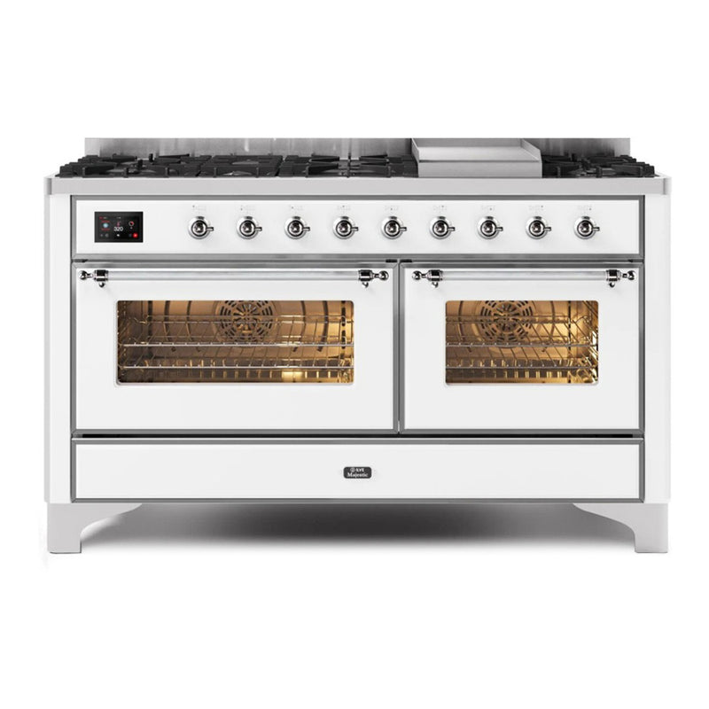 ILVE 60-Inch Majestic II Dual Fuel Range with 9 Sealed Burners and Removable Griddle - 5.8 cu. ft. Oven in White with Chrome Trim (UM15FDNS3WHC)