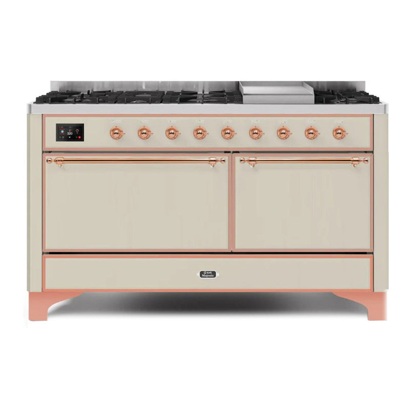 ILVE 60-Inch Majestic II Dual Fuel Range with 9 Sealed Burners and Removable Griddle with Solid Doors Dual Oven in Antique White with Copper Trim (UM15FDQNS3AWP)