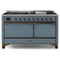 ILVE 60-Inch Majestic II Dual Fuel Range with 9 Sealed Burners and Removable Griddle with Solid Doors Dual Oven in Blue Grey with Bronze Trim (UM15FDQNS3BGB)