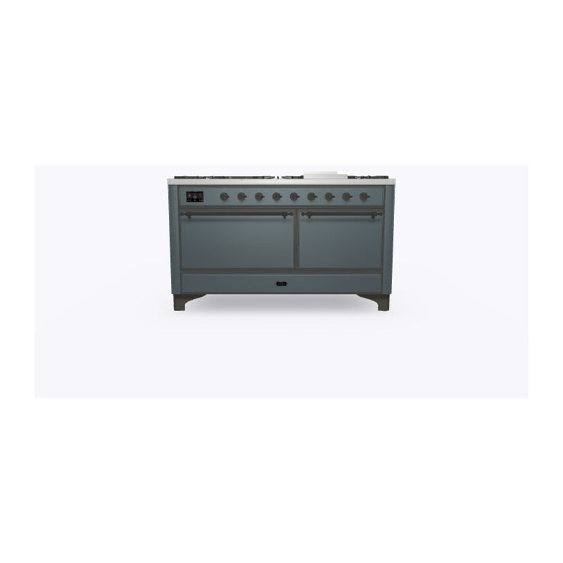ILVE 60-Inch Majestic II Dual Fuel Range with 9 Sealed Burners and Removable Griddle with Solid Doors Dual Oven in Blue Grey with Bronze Trim (UM15FDQNS3BGB)