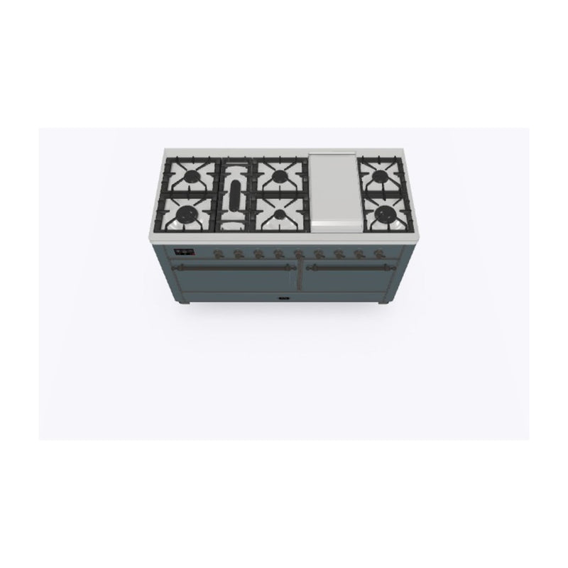ILVE 60-Inch Majestic II Dual Fuel Range with 9 Sealed Burners and Removable Griddle with Solid Doors Dual Oven in Blue Grey with Bronze Trim (UM15FDQNS3BGB)